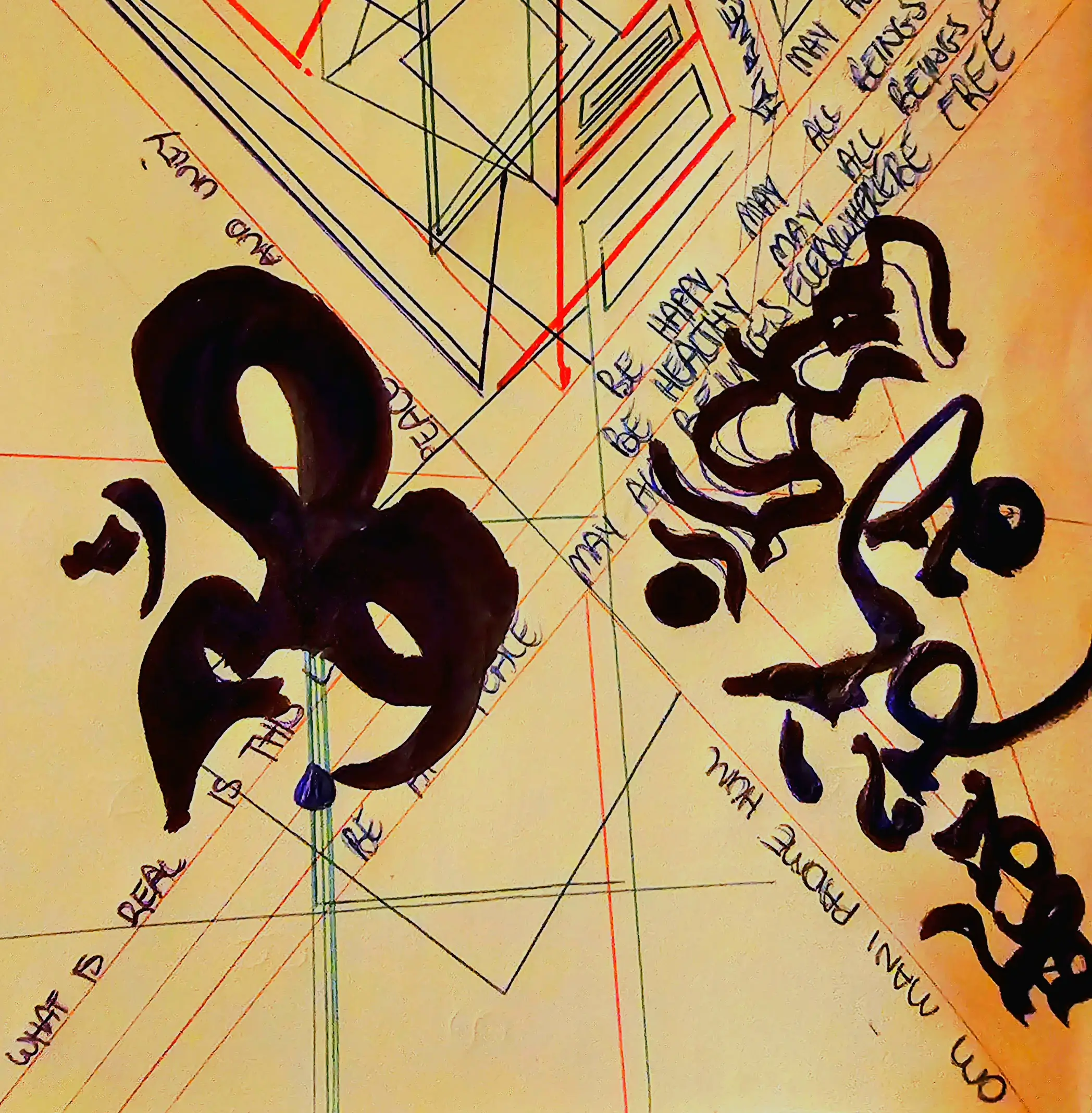 Sanskrit writing metta prayer and some geometric shapes on parchment. Art by Hub Portal.